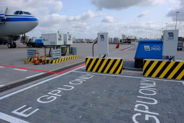 itw gse power share charger at the apron next to an aircraft and a 7400 battery driven ground power unit